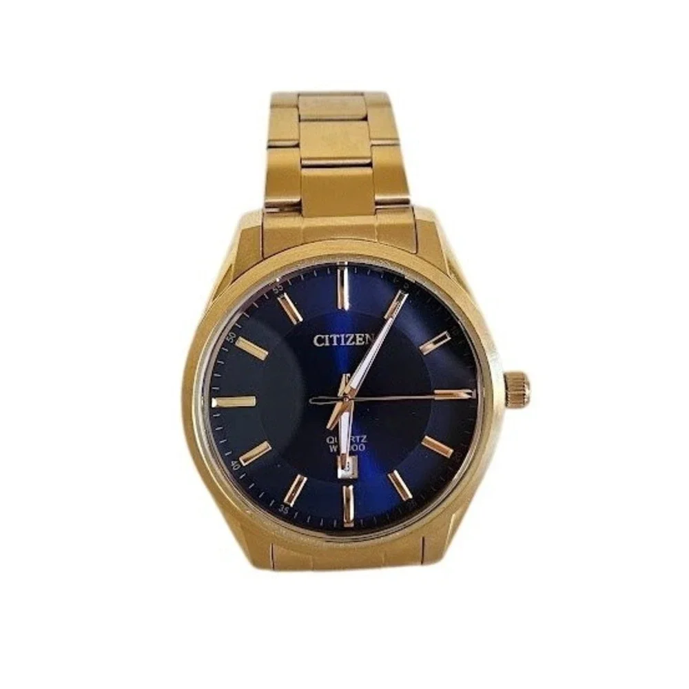 Citizen Quartz Mens Gold Tone Blue Dial Watch Stainless Steel Japan - Small Band